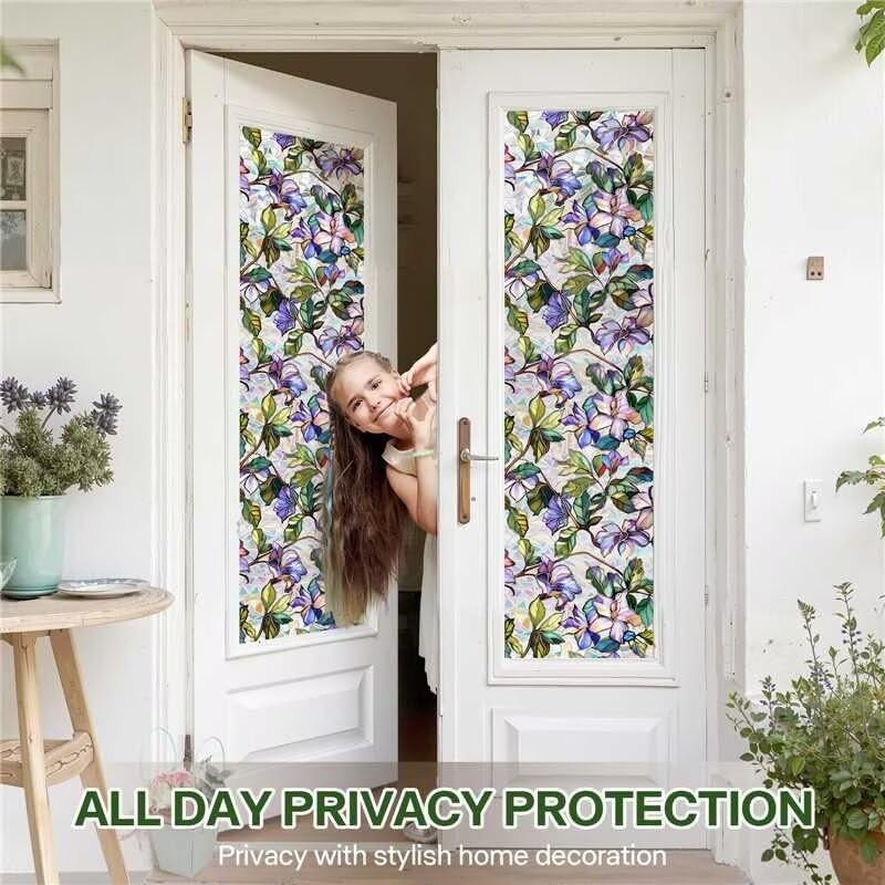 Aomkmi Purple Flower Window Privacy Films, Stained Glass Rainbow Floral Window Sticker Decor, Sun Blocking Removable Static Cling Film for Bathroom Living Room Bedroom Sunroof, 17 x 39.37 Inch - Image 4
