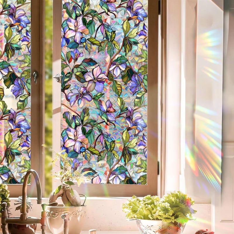 Aomkmi Purple Flower Window Privacy Films, Stained Glass Rainbow Floral Window Sticker Decor, Sun Blocking Removable Static Cling Film for Bathroom Living Room Bedroom Sunroof, 17 x 39.37 Inch - Image 1