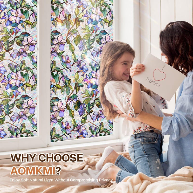 Aomkmi Purple Flower Window Privacy Films, Stained Glass Rainbow Floral Window Sticker Decor, Sun Blocking Removable Static Cling Film for Bathroom Living Room Bedroom Sunroof, 17 x 39.37 Inch - Image 3