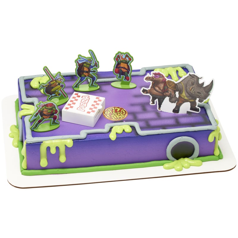 DecoSet Teenage Mutant Ninja Turtles Pizza Power Cake Topper 6Piece Cake Decoration With Turtle Figurines Cake Pic And Pizza Launcher For Birthday Parties Celebration