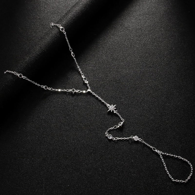 XSBODY Ring Hand Chain Bracelet Silver, Star non Tarnish Star Jewelry Trendy Dainty Bracelets Hand Chain Finger Ring Slave Bracelet for Women Wedding Cubic Zircon Stackable Accessories - Image 3