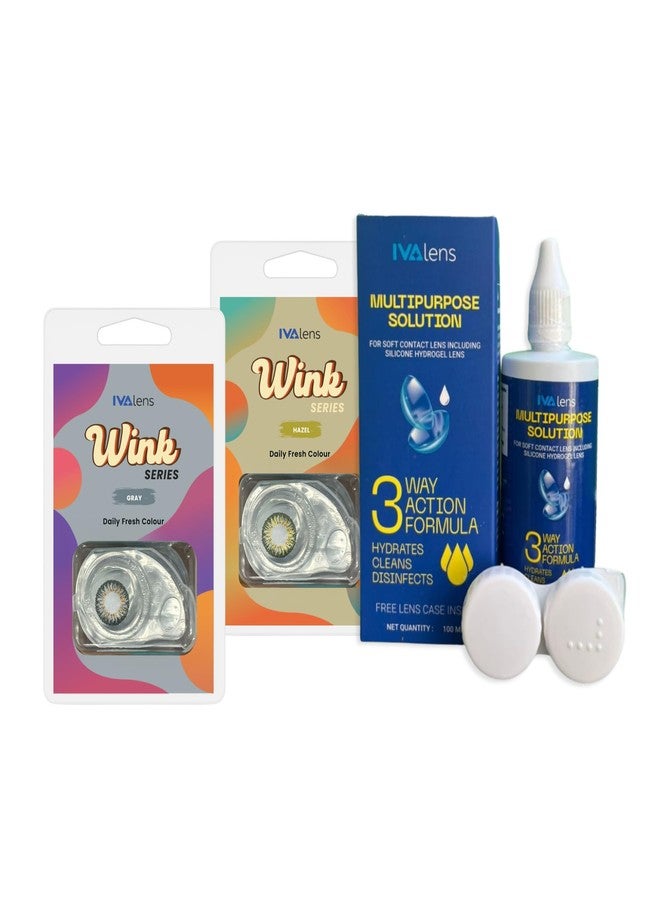 عدسات إيفالينز اليومية الملونة من سلسلة وينك | عدسات يومية بقوة 0 | لون رمادي وبني عسلي | علبة تحتوي على عدستين | تتضمن محلول متعدد الاستخدامات 100 مل | مريحة وأنيقة - Image 1