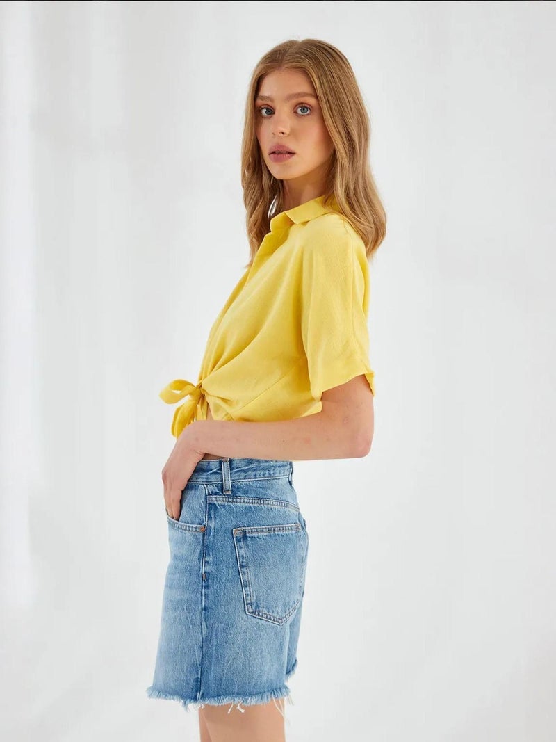 Mixray V-Neck Tie Closure Slim Fit Crop Shirt - Image 5