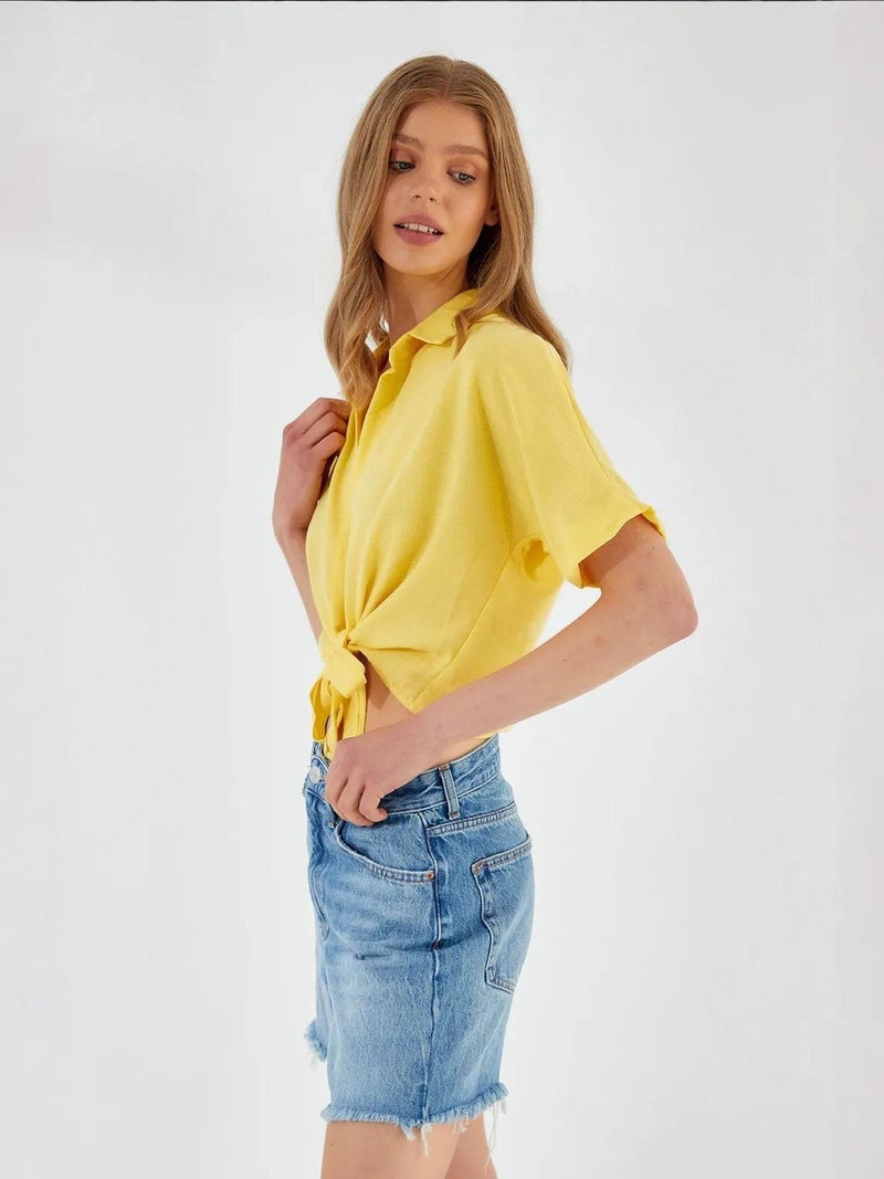 Mixray V-Neck Tie Closure Slim Fit Crop Shirt - Image 2
