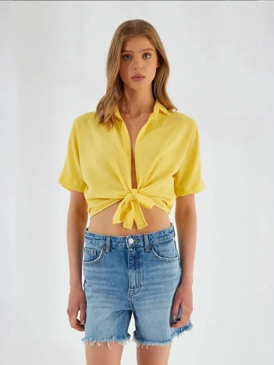 MixRay Mixray V-Neck Tie Closure Slim Fit Crop Shirt