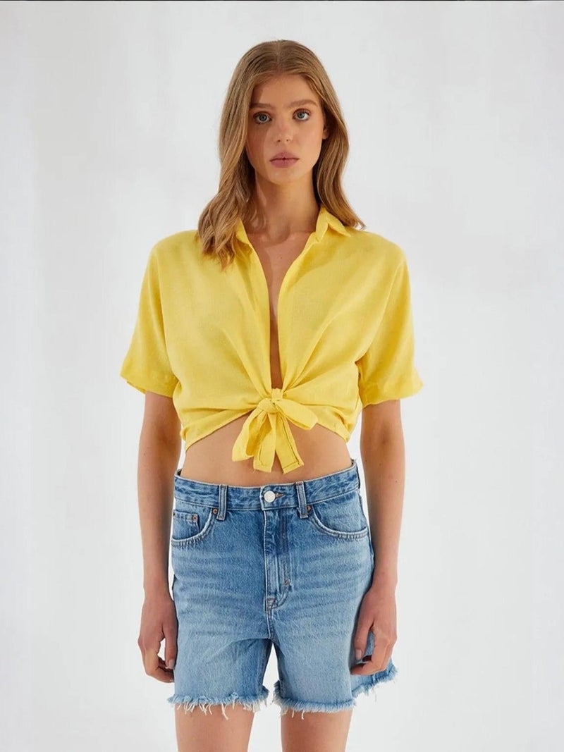 Mixray V-Neck Tie Closure Slim Fit Crop Shirt - Image 1