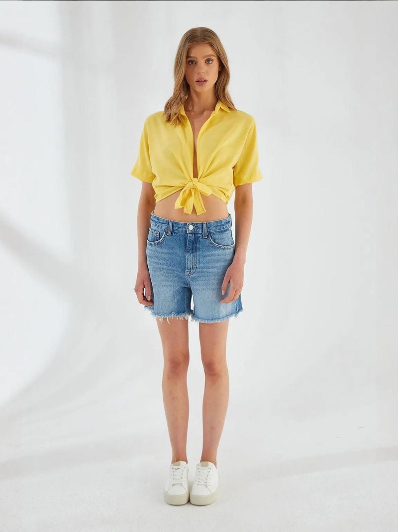 Mixray V-Neck Tie Closure Slim Fit Crop Shirt - Image 3