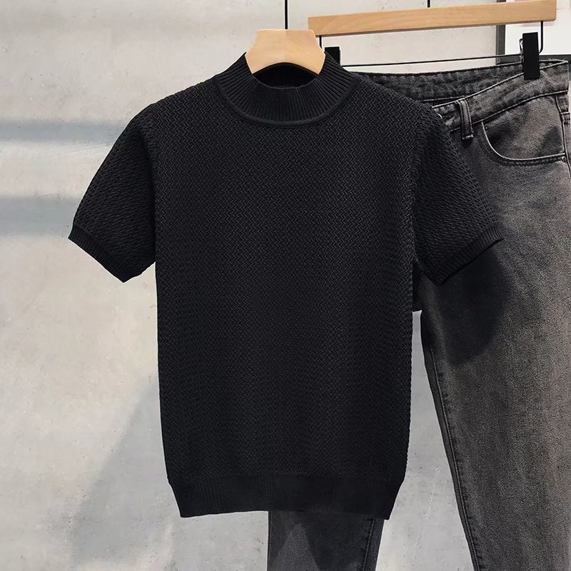 Korean Style Trendy Men'S Short-Sleeve Inner Wear Half-Turtleneck Sweater Slim-Fit Stretchy Half-Sleeve T-Shirt Slimming - Image 5