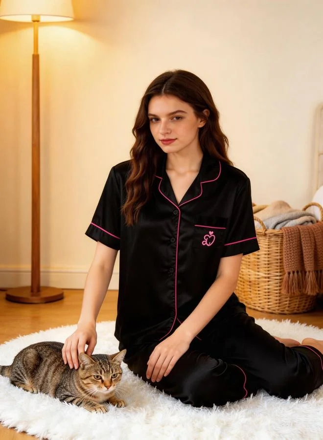 Take Two Black Women's Heart Print Short Sleeve Shirt, Shorts and Pants Pamaja Set for Women | Best Price UAE
