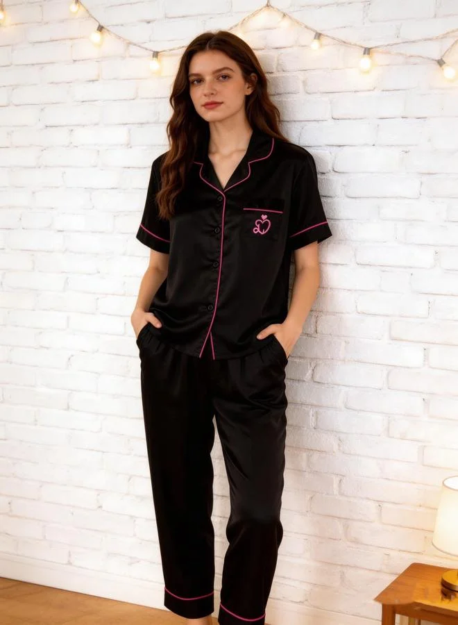 Take Two Black Women's Heart Print Short Sleeve Shirt, Shorts and Pants Pamaja Set for Women | Best Price UAE