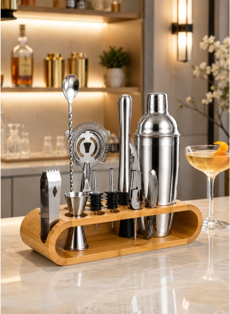 Yoawllty 10-Piece Cocktail Shaker Set, Stainless Steel Bartender's Set, with Wooden Base, Suitable for Home and Bars - Image 1