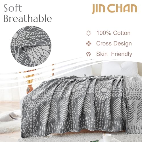 jinchan Boho 100 Cotton Muslin Blanket 3Layer Queen Size 80x90 Inches Geometric Grey Lightweight Reversible Soft Cozy Comfy Throw for Couch Sofa Bed Large Coverlet Quilt Blanket Bedroom All Seasons - Image 3