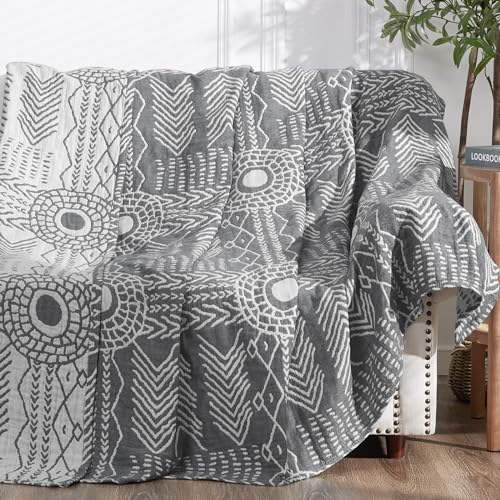 jinchan Boho 100 Cotton Muslin Blanket 3Layer Queen Size 80x90 Inches Geometric Grey Lightweight Reversible Soft Cozy Comfy Throw for Couch Sofa Bed Large Coverlet Quilt Blanket Bedroom All Seasons - Image 1