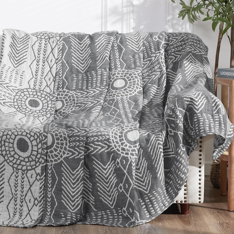 jinchan Boho 100 Cotton Muslin Blanket 3Layer Queen Size 80x90 Inches Geometric Grey Lightweight Reversible Soft Cozy Comfy Throw for Couch Sofa Bed Large Coverlet Quilt Blanket Bedroom All Seasons - Image 2