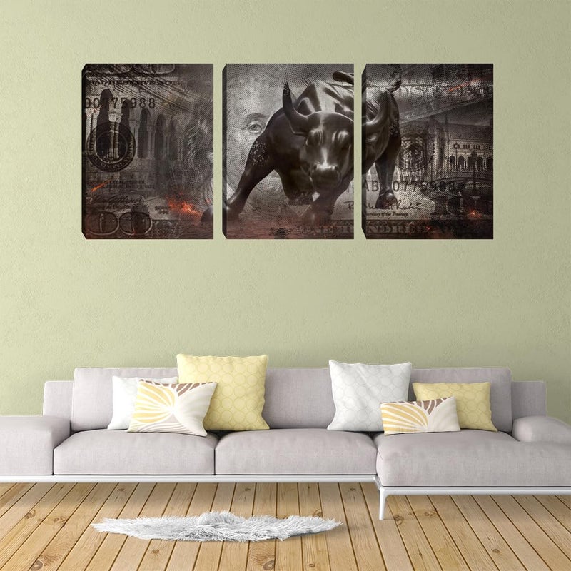 Yetaryy Motivational Wall Art Canvas Print Bull Office Decor 3 Pieces Inspirational Framed Prints Entrepreneur Quotes Decoration Framed Ready to Hang - 36" W x 16" H - Image 3
