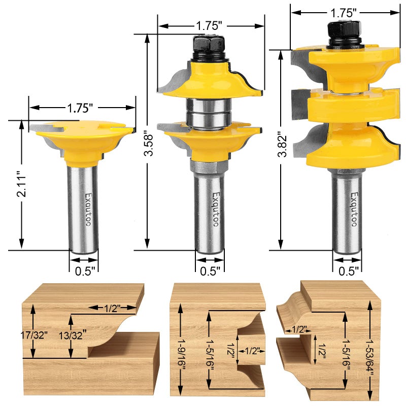 Exqutoo 1/2 Inch Shank 3 Piece Router Extension Tenon Drill Bit Set for Entry Door Rails and Door Frame Wood Milling Cutter Door - Image 2