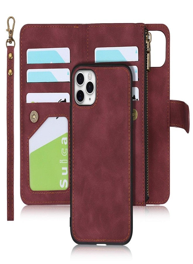 iCoverCase for iPhone 11 Pro Max Wallet Case with Card Holder and Wrist Strap, PU Leather Kickstand Card Slots Zipper Pocket Magnetic [Detachable] Flip Cover Case 6.5 Inch (Claret) - Image 1