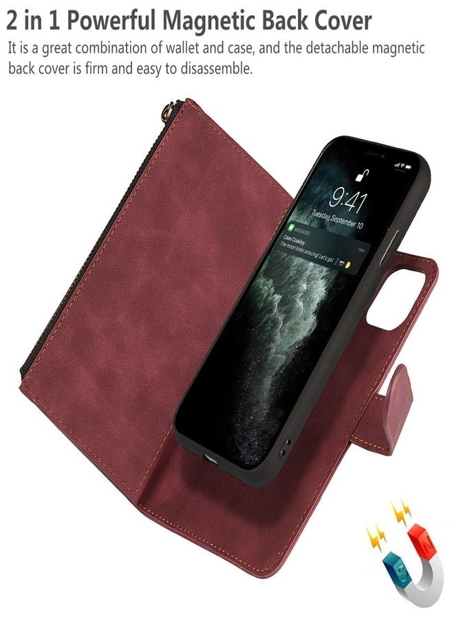 iCoverCase for iPhone 11 Pro Max Wallet Case with Card Holder and Wrist Strap, PU Leather Kickstand Card Slots Zipper Pocket Magnetic [Detachable] Flip Cover Case 6.5 Inch (Claret) - Image 5