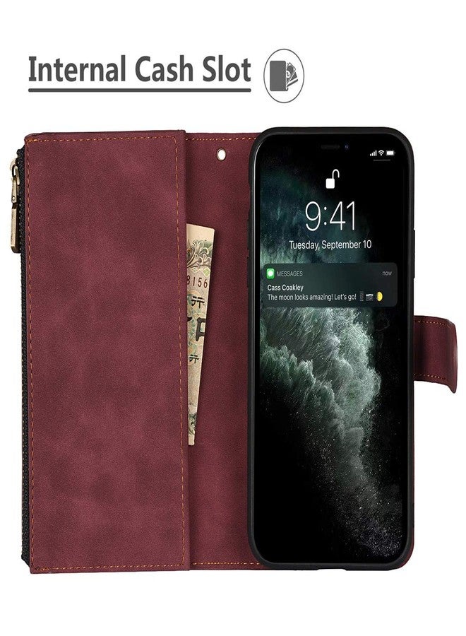 iCoverCase for iPhone 11 Pro Max Wallet Case with Card Holder and Wrist Strap, PU Leather Kickstand Card Slots Zipper Pocket Magnetic [Detachable] Flip Cover Case 6.5 Inch (Claret) - Image 4