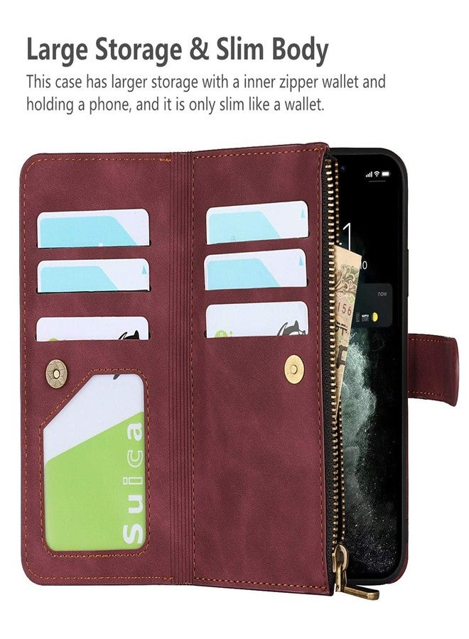 iCoverCase for iPhone 11 Pro Max Wallet Case with Card Holder and Wrist Strap, PU Leather Kickstand Card Slots Zipper Pocket Magnetic [Detachable] Flip Cover Case 6.5 Inch (Claret) - Image 3