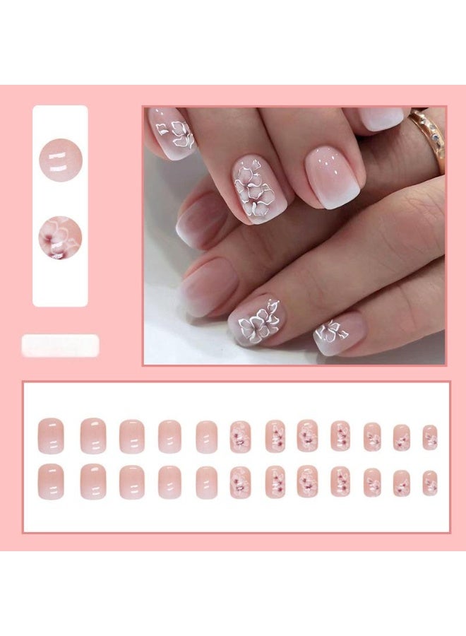 يوكانبي مجموعة أظافر صناعية قصيرة لامعة – 24 قطعة مربعة الشكل بتدرج وردي وأبيض وتصميم زهري، تغطية كاملة للنساء والفتيات - Image 1