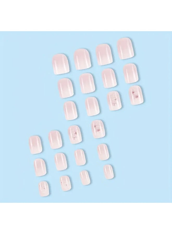 يوكانبي مجموعة أظافر صناعية قصيرة لامعة – 24 قطعة مربعة الشكل بتدرج وردي وأبيض وتصميم زهري، تغطية كاملة للنساء والفتيات - Image 4
