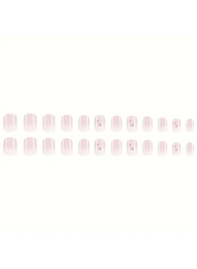 يوكانبي مجموعة أظافر صناعية قصيرة لامعة – 24 قطعة مربعة الشكل بتدرج وردي وأبيض وتصميم زهري، تغطية كاملة للنساء والفتيات - Image 2