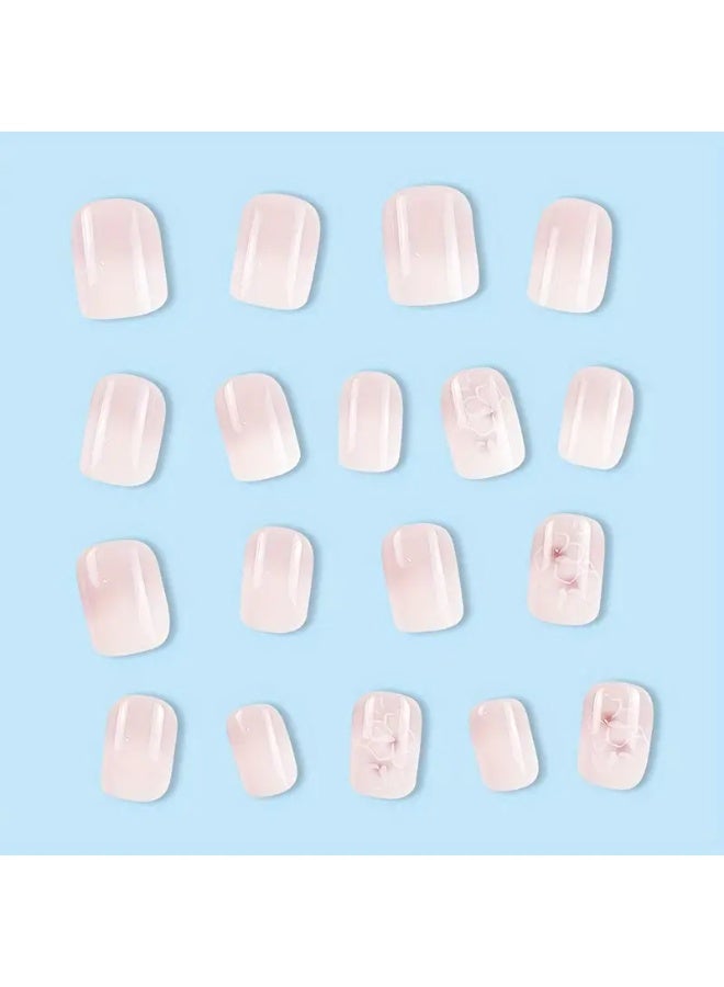 يوكانبي مجموعة أظافر صناعية قصيرة لامعة – 24 قطعة مربعة الشكل بتدرج وردي وأبيض وتصميم زهري، تغطية كاملة للنساء والفتيات - Image 3