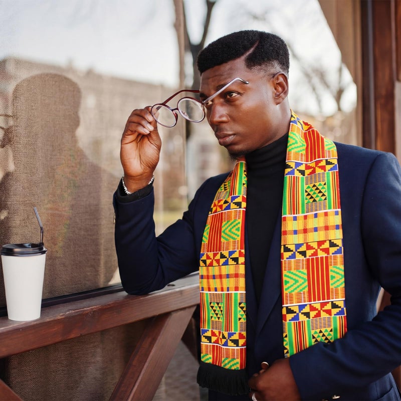Berlune African Scarf Kente Cloth Stole Scarves African Print Sash Graduation Black History Kwanzaa Gifts for Women Adults(Red Gold) - Image 4