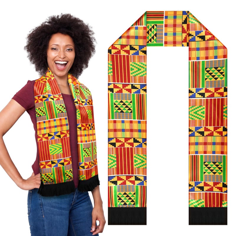 Berlune African Scarf Kente Cloth Stole Scarves African Print Sash Graduation Black History Kwanzaa Gifts for Women Adults(Red Gold) - Image 1