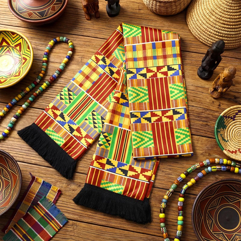 Berlune African Scarf Kente Cloth Stole Scarves African Print Sash Graduation Black History Kwanzaa Gifts for Women Adults(Red Gold) - Image 3