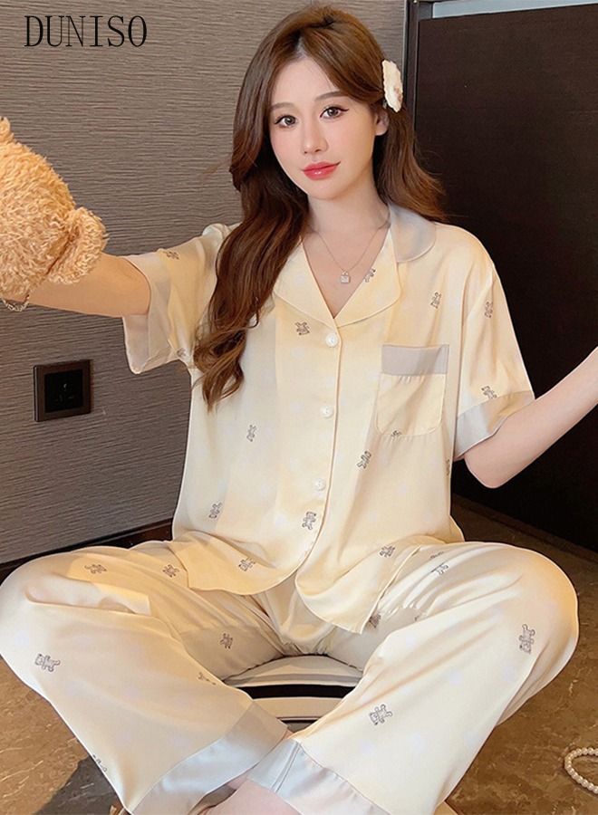 DUNISO 2-piece Women' s Pajama Sets Silk Satin Sleepwear Sweet Loungewear Nightwear Long Sleeve Notch Neck Shirt with Button Down and Waist Elastic Pants Pajama Set for Women Ladies Grils - Image 2