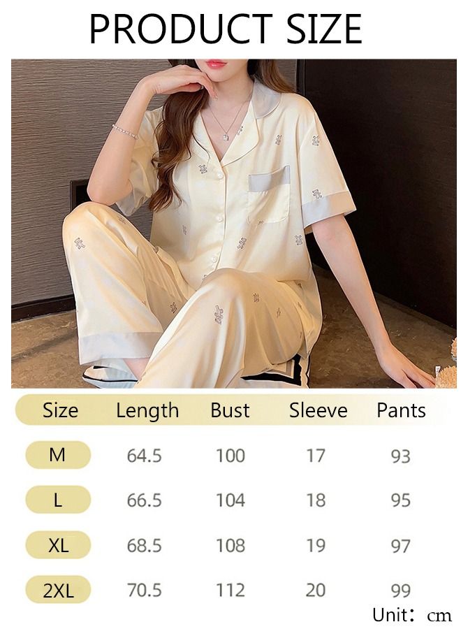 DUNISO 2-piece Women' s Pajama Sets Silk Satin Sleepwear Sweet Loungewear Nightwear Long Sleeve Notch Neck Shirt with Button Down and Waist Elastic Pants Pajama Set for Women Ladies Grils - Image 4