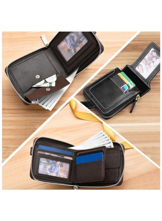 KASTWAVE Mens Wallets, PU Leather Wallet with Coin Purse, Mini Bifold Wallet with Zipper Buckle, Multiple Compartments Card Holder Small Wallet with ID Windows for Cards, Cash, Brown - Image 4