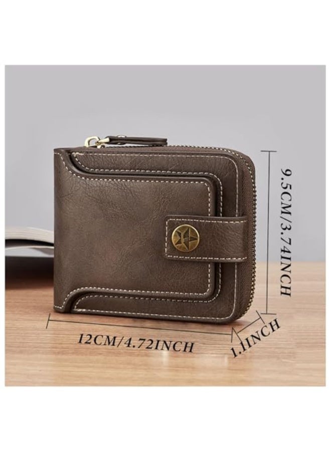 KASTWAVE Mens Wallets, PU Leather Wallet with Coin Purse, Mini Bifold Wallet with Zipper Buckle, Multiple Compartments Card Holder Small Wallet with ID Windows for Cards, Cash, Brown - Image 5