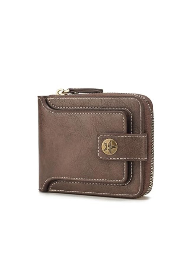 KASTWAVE Mens Wallets, PU Leather Wallet with Coin Purse, Mini Bifold Wallet with Zipper Buckle, Multiple Compartments Card Holder Small Wallet with ID Windows for Cards, Cash, Brown - Image 1