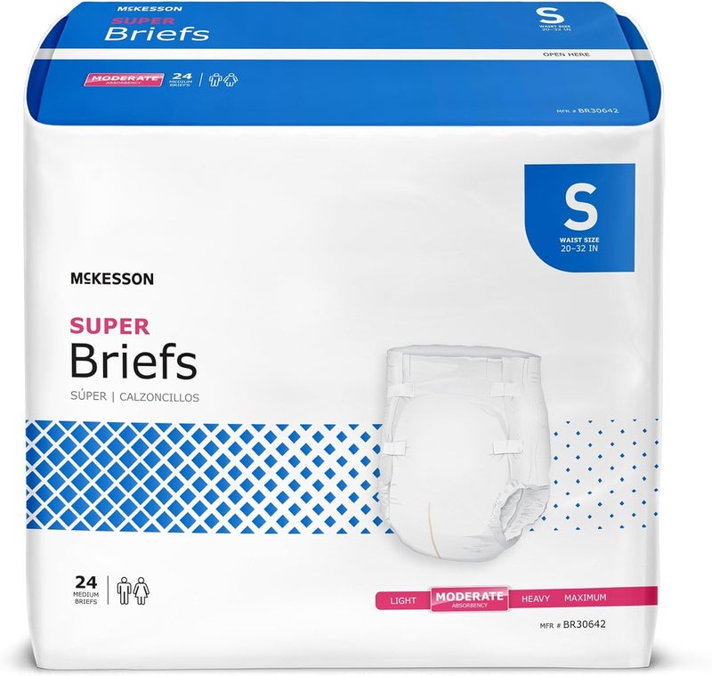 McKesson Super Briefs 96 Count Size S 2032 in Incontinence Adult Diapers with Tabs Moderate Absorbency Unisex Disposable Elastic Leg Gathers and Contoured Fit for Men and Women - Image 1