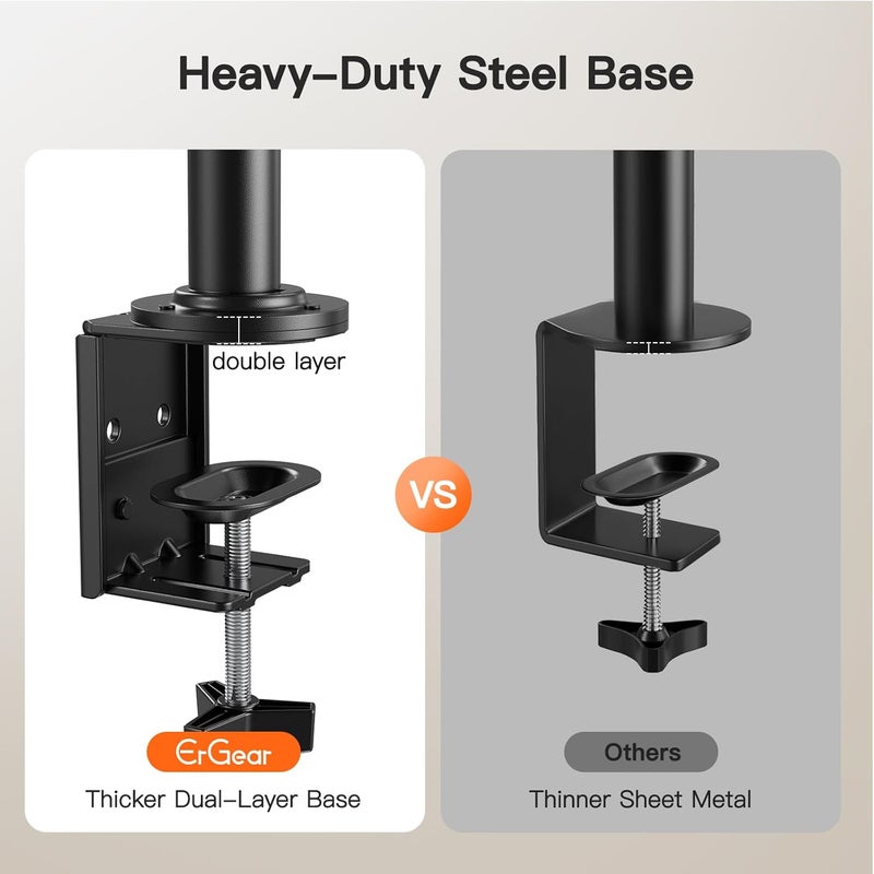 ErGear Dual Monitor Desk Mount for 13″–34″ Monitors up to 26.5 lbs, Fully Adjustable Monitor Stand Holds 2 Computer Screens, Heavy-Duty Dual Monitor Arm with C-Clamp & Grommet Base, Black, EGCM13B - Image 4