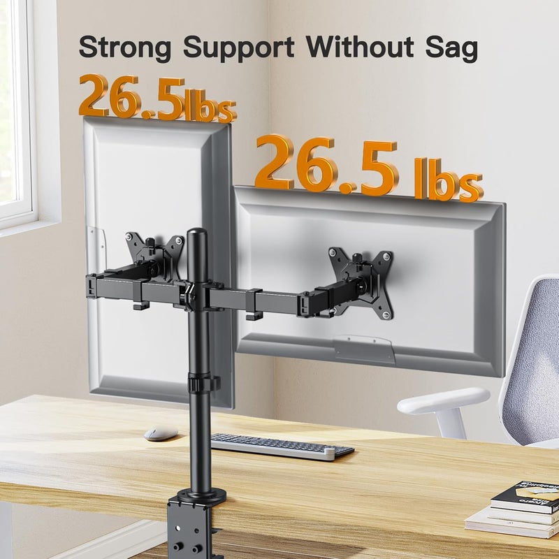 ErGear Dual Monitor Desk Mount for 13″–34″ Monitors up to 26.5 lbs, Fully Adjustable Monitor Stand Holds 2 Computer Screens, Heavy-Duty Dual Monitor Arm with C-Clamp & Grommet Base, Black, EGCM13B - Image 3