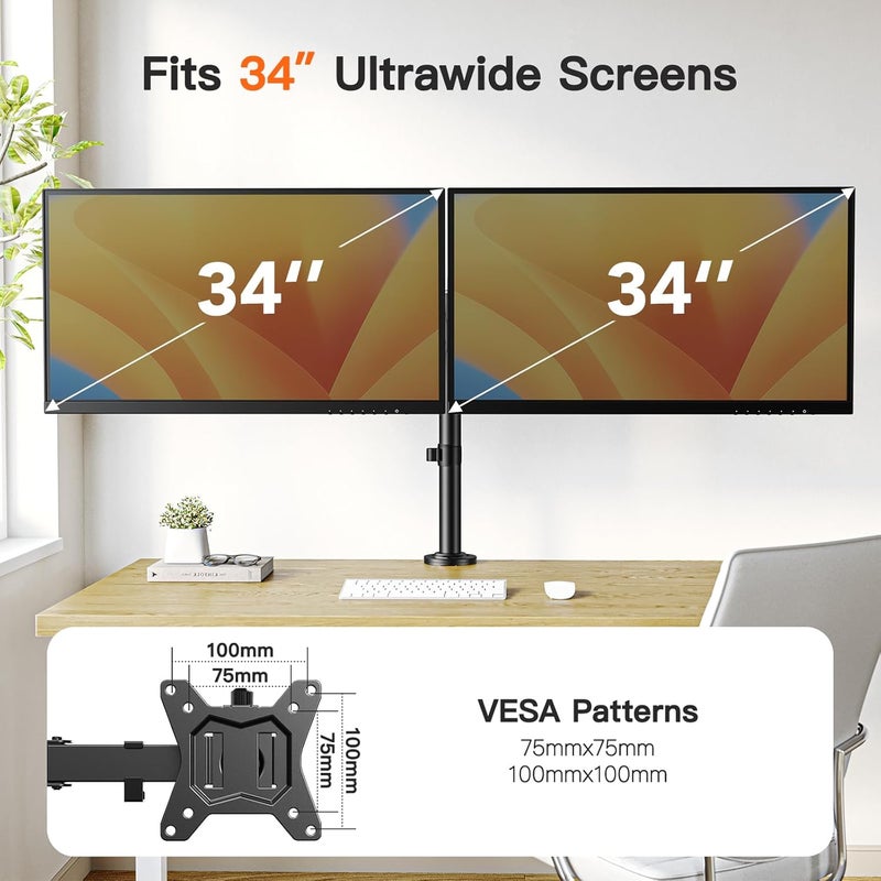 ErGear Dual Monitor Desk Mount for 13″–34″ Monitors up to 26.5 lbs, Fully Adjustable Monitor Stand Holds 2 Computer Screens, Heavy-Duty Dual Monitor Arm with C-Clamp & Grommet Base, Black, EGCM13B - Image 2