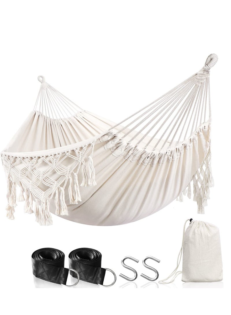 Captaintech Camping Cotton Hammock, Garden Comfortable Fabric Elegant Deluxe Tassels Durable Swing Up to 450lbs, Perfect for Porch Patio Yard Indoor Outdoor Backyard Backpacking, Hiking - Image 1