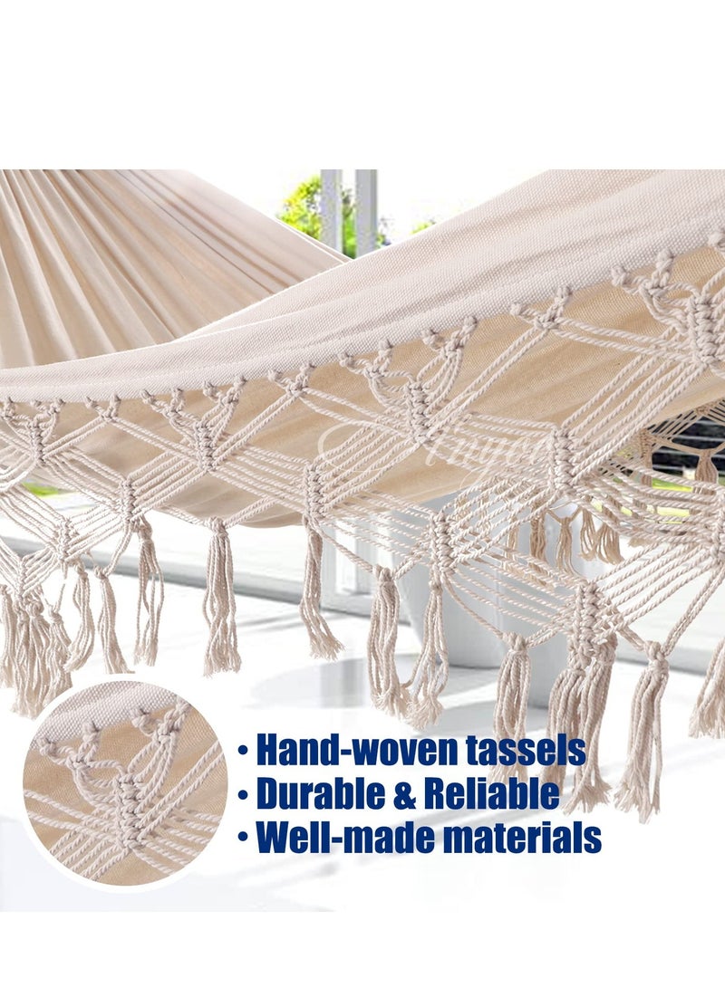 Captaintech Camping Cotton Hammock, Garden Comfortable Fabric Elegant Deluxe Tassels Durable Swing Up to 450lbs, Perfect for Porch Patio Yard Indoor Outdoor Backyard Backpacking, Hiking - Image 2