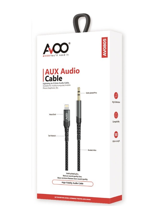 AVOO iPhone aux cable or wire from Lightning port to male Aux, black 3.5mm - Image 1