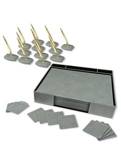 FIS FIS Conference Room Executive Desk Set, German Bonded Leather Materials, Set of 12 Pieces Each Desk Blotter, Coaster, Pen Stand Holder with Pen, Grey Color Pack in Organizer Case - FSDSCONFRSETGY  - Image 1