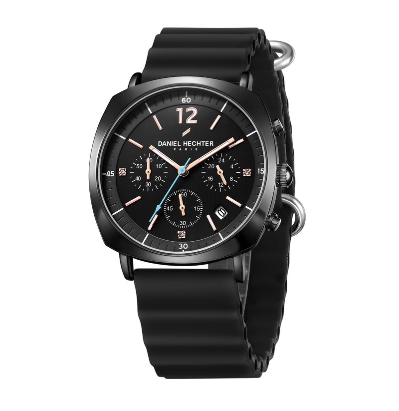 Daniel Hechter Paris Cluny Collection Multifunction Watch for Men with Round Dial, Date Display Function, Quartz Movement and Wavy Pattern Silicon Strap - DHM1019 - Image 1