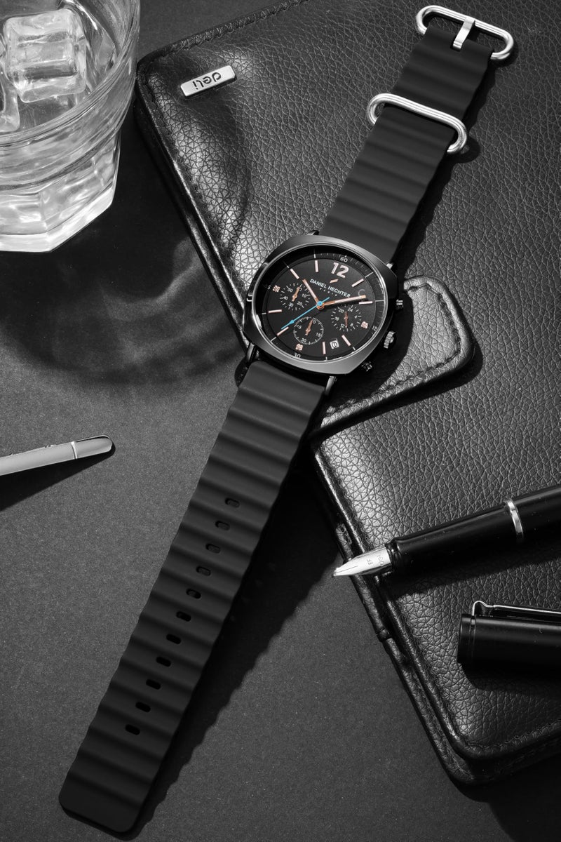 Daniel Hechter Paris Cluny Collection Multifunction Watch for Men with Round Dial, Date Display Function, Quartz Movement and Wavy Pattern Silicon Strap - DHM1019 - Image 4