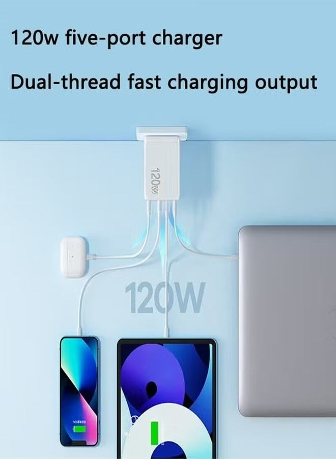 Beauenty 5 Ports USB C Fast Charger with Cable C PD 120W QC 3.0 Fast Wall Mains Power Delivery Adapter for iPhone 16 /15 Series,iPad, Laptops, Pro/Air,Huawei,Samsung Galaxy etc White - Image 3
