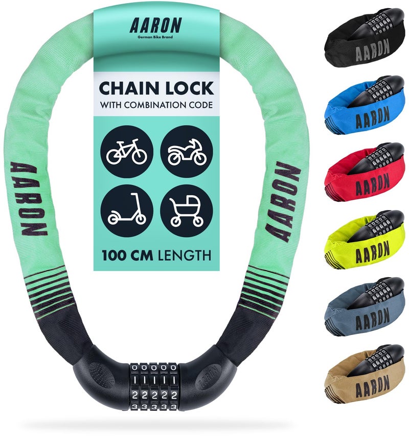 AARON Lock One Bicycle Lock with 5-Digit Combination Code, Steel Chain Lock and High Security Level Lock for E-Bike, Mountain Bike, Trekking Bike, Touring Bike, Road Bike in Mint - Image 1