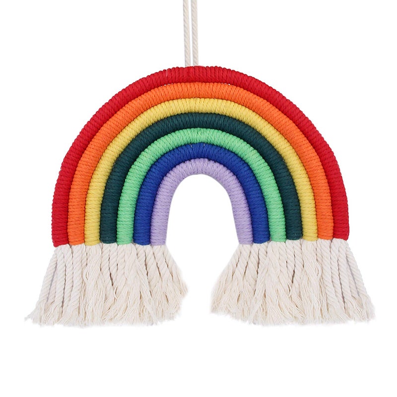 Kino Macrame Rainbow Wall Hanging for Bedroom Nursery Baby Kids Rooms Playroom Colorful Small Tapestry Rope Woven Tassel Art Home Decor Handmade Craft Gift 