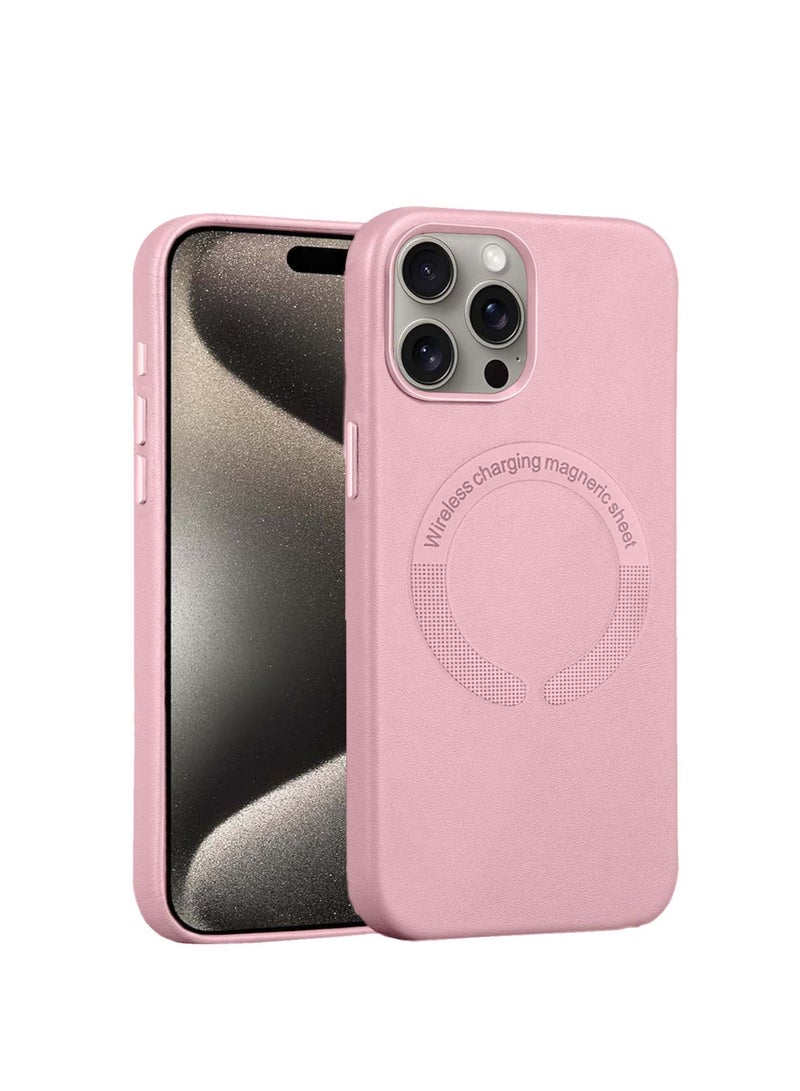 Techie غطاء خلفي جلدي مغناطيسي ماج سيف لهاتف أبل آيفون 15 برو ماكس مع ألياف دقيقة داخلية - وردي فاتح - Image 1